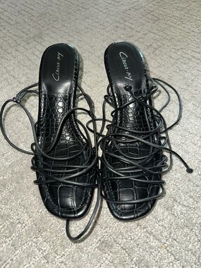 Circus by Sam Edelman Black Croc-Embossed Lace-Up Heeled Sandals